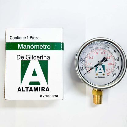 MANOMETRO GLICERINA ALTAMIRA 0-100 PSI CONEXION BASE

