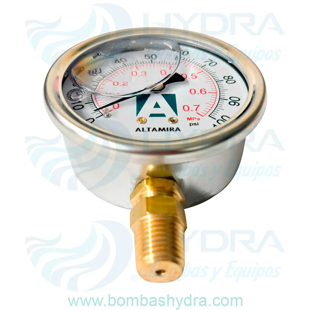 MANOMETRO GLICERINA ALTAMIRA 0-100 PSI CONEXION BASE ABAJO
